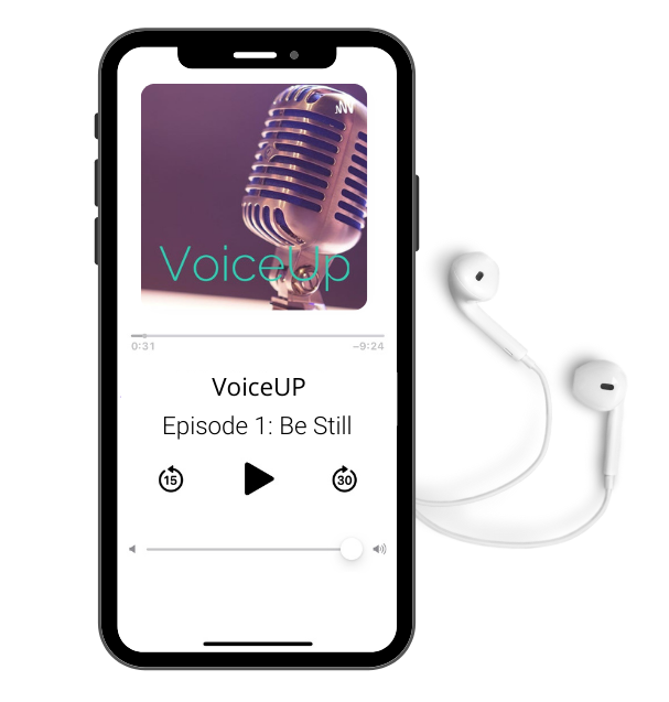 iphone with earphones showing VoiceUp Podcast artwork and screen